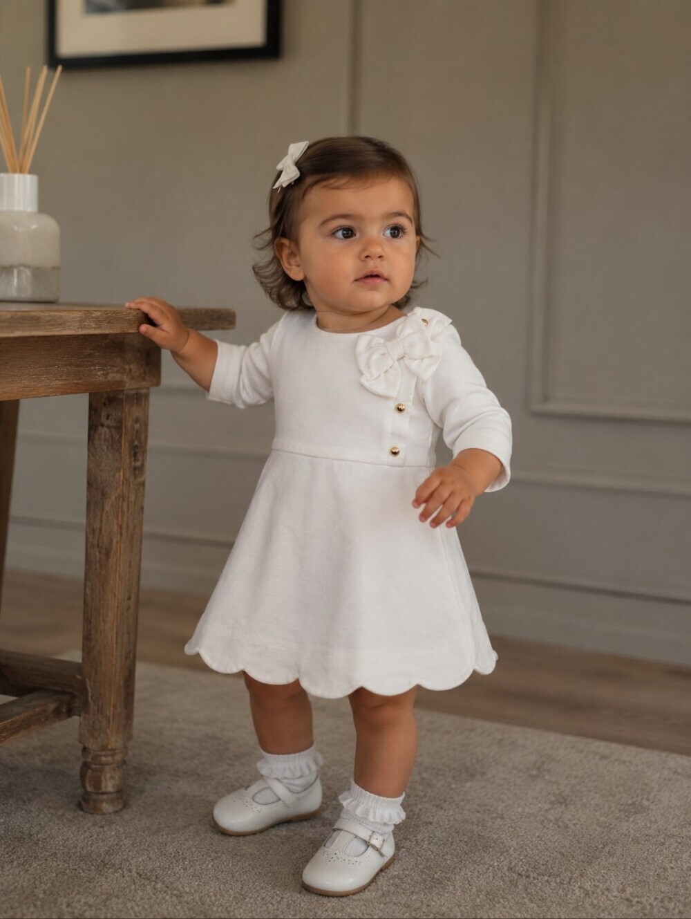 Janie and Jack Baby Girl Ivory Bow Dress Gold Buttons 12-18M Classic Preppy
